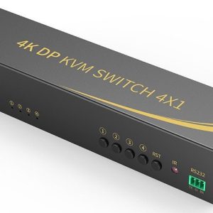 קופסת מיתוג KVM מ-4 מחשבים לעמדת עבודה אחת DISPLAYPORT 4K@60HZ + USB + AUDIO, כולל כבלים, ספק כוח, שלט רחוק וחיבור RS232