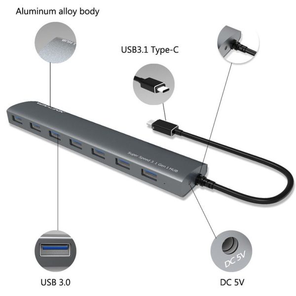 ⁦רכזת USB HUB 7 port USB-C אלומיניום + שנאי WAVLINK⁩ – תמונה ⁦3⁩